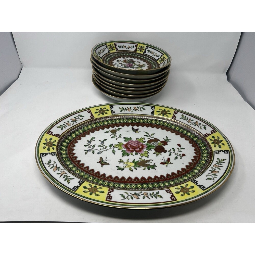 Vintage Chinese Famille Rose Platter 16x12 & 8 Bowls 9" Jingdezhen Set